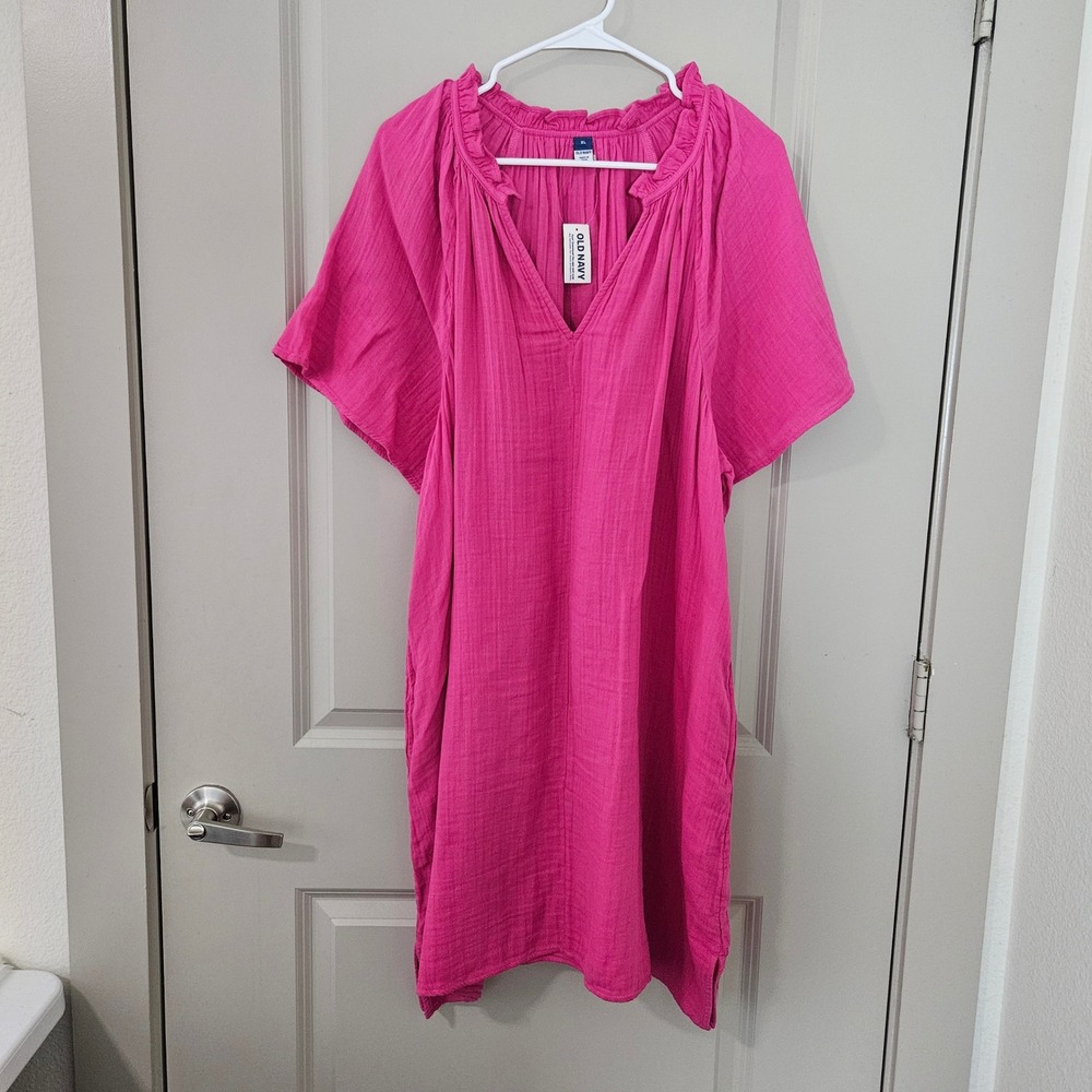 Old Navy Pink Cotton Gauze Ruffle Neck Swing Dress XL Pockets Short Sleeve NEW